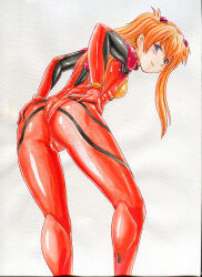 Rule 34 | 1girl, artist request, ass, ass press, blue eyes, blush, bodysuit, breasts, brown hair, cameltoe, embarrassed, grabbing own ass, interface headset, long hair, looking at viewer, looking back, neon genesis evangelion, pilot suit, plugsuit, red bodysuit, scan, shiny clothes, simple background, skin tight, solo, souryuu asuka langley, spread ass, standing, sweat, traditional media, white background, wide hips