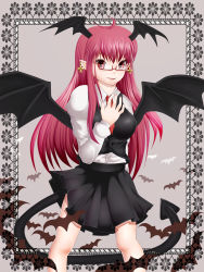 Rule 34 | 1girl, ahoge, bat (animal), bat wings, bespectacled, border, breasts, cross, demon tail, dress shirt, embodiment of scarlet devil, female focus, glasses, grey background, hand on own chest, head wings, koakuma, kurone, light smile, lips, long hair, long sleeves, looking at viewer, medium breasts, necktie, pointy ears, puffy sleeves, red eyes, red hair, shirt, simple background, skirt, solo, tail, touhou, vest, wings