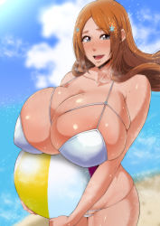 Rule 34 | 1girl, absurdres, areola slip, ball, bare arms, bare legs, beach, bikini, bikini bottom only, black eyes, bleach, blue sky, blush, breast rest, breasts, breath, cleavage, cloud, cowboy shot, day, female focus, floating hair, groin, happy, highres, holding, holding ball, huge breasts, inoue orihime, large areolae, legs, legs together, long hair, looking at viewer, micro bikini, mole, mole on breast, mole under mouth, mucc (ren0522), nose blush, ocean, open mouth, orange hair, outdoors, revealing clothes, sand, shiny skin, sky, smile, solo, standing, sweat, swept bangs, swimsuit, thighs, thong bikini, water, white bikini, wide hips, wind
