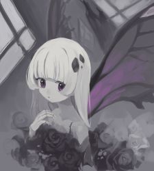 Rule 34 | 1girl, absurdres, black flower, black rose, butterfly wings, colored skin, copyright request, doll joints, flower, hand on own chest, highres, insect wings, joints, long hair, looking at viewer, okame nin, purple eyes, purple wings, rose, solo, upper body, white hair, white skin, wings