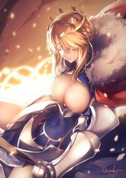 Rule 34 | 1girl, artoria pendragon (all), artoria pendragon (fate), artoria pendragon (lancer) (fate), blonde hair, blue dress, braid, braided bun, breasts, cape, cleavage, cleavage cutout, clothing cutout, covered navel, crown, dress, fate/grand order, fate (series), french braid, fur trim, gauntlets, genyaky, green eyes, hair bun, holding, holding weapon, lance, large breasts, looking away, parted lips, polearm, rhongomyniad (fate), saber (fate), signature, solo, swept bangs, weapon