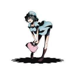 Rule 34 | 10s, 1girl, alpha transparency, bent over, black hair, blue dress, blue eyes, blue hat, blue shorts, boots, collarbone, divine gate, dress, full body, hat, official art, open mouth, shadow, shiina mayuri, short hair, shorts, shorts under dress, solo, steins;gate, transparent background, ucmm