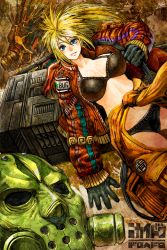 Rule 34 | 10s, 1boy, 1girl, 2015, bad id, bad pixiv id, black bra, black gloves, black panties, blonde hair, blue eyes, bra, breasts, caiman (dorohedoro), character name, clothes around waist, clothes writing, copyright name, cowboy shot, dated, dorohedoro, dutch angle, gas mask, gibagiba, gloves, hair between eyes, jacket, large breasts, leather, leather gloves, long hair, long sleeves, looking at viewer, mask, nikaidou (dorohedoro), open clothes, open jacket, over shoulder, panties, ponytail, smile, spoilers, stitches, striped, teeth, underwear, unzipped, vertical stripes