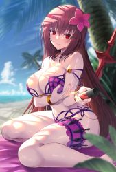 Rule 34 | 1girl, bare shoulders, beach, bikini, blue sky, blush, bracelet, breasts, cleavage, collarbone, emanon123, fate/grand order, fate (series), flower, gae bolg (fate), hair flower, hair intakes, hair ornament, hibiscus, highres, jewelry, large breasts, long hair, looking at viewer, nail polish, navel, palm tree, polearm, purple bikini, purple hair, red eyes, scathach (fate), scathach (fate/grand order), scathach (swimsuit assassin) (fate), sitting, sky, smile, solo, spear, swimsuit, thighs, tree, wariza, weapon