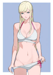 Rule 34 | 1girl, aqua eyes, bikini, blonde hair, blue background, breasts, clothes pull, cowboy shot, earrings, gigi andalusia, gundam, gundam hathaway&#039;s flash, hair behind ear, highres, jason kim, jewelry, looking at viewer, medium breasts, navel, pulling own clothes, smile, stomach, swimsuit, two-tone background, undressing, white background, white bikini