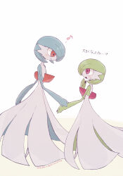 Rule 34 | 2girls, alternate color, artist name, blue hair, blush, blush stickers, bob cut, closed mouth, colored skin, creatures (company), eye contact, female focus, flat chest, from side, full body, game freak, gardevoir, gen 3 pokemon, green hair, green skin, hand to own mouth, hand up, happy, height difference, highres, japanese text, light blush, looking at another, multicolored skin, multiple girls, musical note, nintendo, open mouth, pokemon, pokemon (creature), profile, red eyes, shiny and normal, shiny pokemon, short hair, sideways mouth, signature, simple background, smile, spoken musical note, standing, sweat, talking, translation request, twitter username, two-tone skin, white background, white skin, yoshikura, yuri