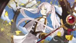 Rule 34 | 1girl, aito, aqua eyes, artist name, autumn leaves, blurry, blurry background, earrings, elf, feet out of frame, frieren, highres, jewelry, leaf, looking at viewer, pointy ears, smile, sousou no frieren, staff, tree, twintails, white hair