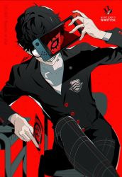 Rule 34 | 1boy, amamiya ren, black hair, black jacket, btmr game, buttons, calling card, chair, commentary request, crossed legs, desk, glasses, grin, handheld game console, holding, jacket, long sleeves, looking at viewer, male focus, mask, nintendo switch, opaque glasses, pants, persona, persona 5, plaid, plaid pants, red background, school desk, school uniform, shuujin academy school uniform, signature, simple background, sitting, smile, solo