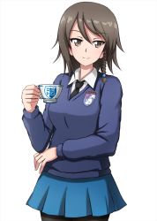 Rule 34 | 1girl, alternate costume, alternate hairstyle, black necktie, black pantyhose, blue skirt, blue sweater, braid, brown eyes, brown hair, closed mouth, commentary, cowboy shot, cup, dress shirt, emblem, girls und panzer, hair bobbles, hair ornament, highres, holding, holding cup, keizoku (emblem), long hair, long sleeves, looking at viewer, mika (girls und panzer), miniskirt, necktie, no headwear, omachi (slabco), pantyhose, pleated skirt, school uniform, shirt, side braid, simple background, skirt, smile, solo, st. gloriana&#039;s (emblem), st. gloriana&#039;s school uniform, standing, sweater, teacup, v-neck, white background, white shirt, wing collar