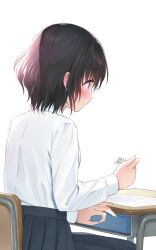 Rule 34 | 1girl, black skirt, blush, brown hair, chair, collared shirt, commentary request, desk, dress shirt, from behind, highres, holding, holding paper, long sleeves, na-ga, on chair, original, paper, parted lips, pleated skirt, purple eyes, school chair, school desk, school uniform, shirt, shirt tucked in, short hair, simple background, sitting, skirt, solo, translation request, upper body, white background, white shirt