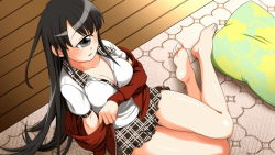 Rule 34 | 1girl, ai (monster musume), artist request, bare legs, barefoot, black eyes, black hair, blush, breasts, brown skirt, cleavage, cyclops, feet, game cg, jacket, long hair, long sleeves, medium breasts, monster musume no iru nichijou, monster musume no iru nichijou online, official art, one-eyed, partially undressed, pillow, pleated skirt, red jacket, sitting, skirt, solo