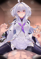 Rule 34 | 1boy, 1girl, absurdres, ahoge, black gloves, black pants, blush, breasts, clothed female nude male, clothed sex, command spell, fate/grand order, fate/prototype, fate (series), fingerless gloves, girl on top, gloves, hetero, highres, holding hands, interlocked fingers, kazami chiu, licking lips, long hair, long sleeves, looking at viewer, medium breasts, merlin (fate/prototype), merlin (fate/prototype) (second ascension), nude, pants, purple eyes, pussy juice, robe, sex, smile, straddling, thighs, tongue, tongue out, vaginal, very long hair, white hair, white robe, wide sleeves