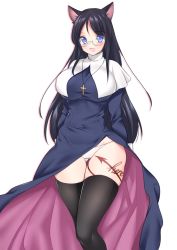 Rule 34 | 1girl, animal ears, bad id, bad pixiv id, black hair, blue eyes, blush, body writing, breasts, cat ears, cat girl, curvy, female focus, glasses, highres, huge breasts, long hair, looking at viewer, nun, open mouth, panties, raind, simple background, smile, solo, thighhighs, underwear, white background, wide hips