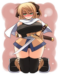 Rule 34 | 1girl, adapted costume, ankle wrap, blonde hair, blush, breast rest, breasts, curvy, embarrassed, full-face blush, green eyes, hair ribbon, large breasts, mizuhashi parsee, ninja, pointy ears, ribbon, scabbard, scarf, sheath, shoes, solo, sword, thigh gap, thighhighs, thighs, touhou, tsurime, ueda katsuhito, wakizashi, weapon, wide hips