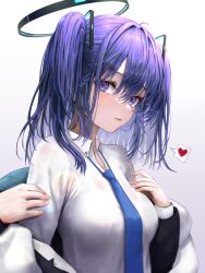 Rule 34 | 1girl, blue archive, breasts, closed mouth, collared shirt, hair between eyes, heart, highres, jacket, large breasts, long hair, long sleeves, looking at viewer, purple eyes, purple hair, shirt, solo, spoken heart, suang, two-sided fabric, two-sided jacket, two side up, upper body, white jacket, white shirt, yuuka (blue archive)