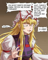 Rule 34 | 1girl, absurdres, blonde hair, buhbuhbored, claw pose, closed eyes, commentary, crying, english commentary, english text, hat, hat ribbon, highres, long hair, long sleeves, mob cap, open mouth, purple tabard, red ribbon, ribbon, signature, snot, solo, speech bubble, tabard, touhou, trembling, yakumo yukari