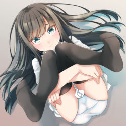Rule 34 | asashio (kancolle), ass, black hair, black thighhighs, blush, closed mouth, comah, commentary request, full body, green eyes, hugging own legs, kantai collection, knees together feet apart, legs up, long hair, looking at viewer, no shoes, shirt, short sleeves, smile, soles, solo, thighhighs, very long hair, white shirt