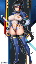 Rule 34 | 1girl, artist request, black hair, blue footwear, boots, breasts, bridal gauntlets, clothing cutout, commentary, covered erect nipples, english commentary, hand on own hip, headgear, high heel boots, high heels, highleg, highleg leotard, highres, impossible clothes, impossible leotard, large breasts, leotard, long hair, long sleeves, navel, navel cutout, official art, official wallpaper, ootachi, outline, police, police badge, ponytail, promotional art, purple eyes, rei (s.f. girls), revealing clothes, s.f. girls, science fiction, shrug (clothing), thick thighs, thigh boots, thighhighs, thighs, very long hair, wallpaper