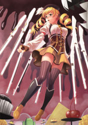 Rule 34 | 10s, 1girl, android (os), beret, blonde hair, blush, boots, charlotte (madoka magica), covered erect nipples, detached sleeves, drill hair, fate/stay night, fate (series), female focus, fingerless gloves, gloves, gun, hair ornament, hairpin, hat, magical girl, magical musket, mahou shoujo madoka magica, mahou shoujo madoka magica (anime), man (trance), panties, pleated skirt, puffy sleeves, ribbon, skirt, solo, striped clothes, striped thighhighs, thighhighs, tomoe mami, twintails, underwear, unlimited blade works (fate), vertical-striped clothes, vertical-striped thighhighs, weapon, yellow eyes, zettai ryouiki