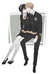 Rule 34 | 1boy, 1girl, alternate costume, arm around waist, bad id, bad twitter id, bandaid, bandaid on face, bandaid on nose, black footwear, black hair, black pants, black shirt, black skirt, blonde hair, blush, breasts, closed eyes, closed mouth, collared shirt, commentary, couple, full body, grey background, hair between eyes, hair bun, heart, hetero, highres, invisible chair, kobiwa, long sleeves, mary janes, medium breasts, medium hair, miniskirt, neck ribbon, nuzzle, pants, pleated skirt, red ribbon, ribbon, school uniform, shirt, shoes, short hair, side-by-side, sidelocks, simple background, single hair bun, sitting, skirt, smile, spy x family, symbol-only commentary, thighhighs, twilight (spy x family), twitter username, white shirt, white thighhighs, yor briar, zettai ryouiki