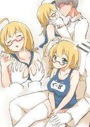 Rule 34 | 10s, 1boy, 1girl, absurdres, admiral (kancolle), ahoge, aqua eyes, bad id, bad pixiv id, blonde hair, blush, grabbing another&#039;s breast, breasts, closed eyes, collarbone, faceless, faceless male, glasses, grabbing, hetero, highres, i-8 (kancolle), kantai collection, low twintails, name tag, one-piece swimsuit, red-framed eyewear, ribbon, school swimsuit, semi-rimless eyewear, shiso azuki, simple background, sitting, sitting on lap, sitting on person, swimsuit, thighhighs, twintails, white background, white ribbon, white thighhighs