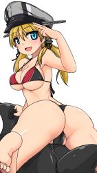 Rule 34 | 10s, 1girl, anchor hair ornament, ass, bikini, blonde hair, blue eyes, cameltoe, hair ornament, hat, highres, kantai collection, long hair, looking back, peaked cap, prinz eugen (kancolle), riding, simple background, solo, string bikini, swimsuit, tokihama jirou, twintails