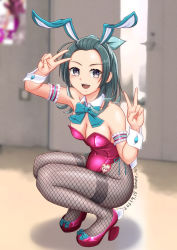 Rule 34 | 1girl, adapted costume, animal ears, aqua bow, aqua bowtie, bow, bowtie, breasts, covered navel, detached collar, fake animal ears, fake tail, fishnet pantyhose, fishnets, green hair, grey eyes, grey pantyhose, high heels, highleg, highleg leotard, kantai collection, leotard, medium hair, moke ro, pantyhose, playboy bunny, purple leotard, purple pantyhose, rabbit ears, rabbit tail, small breasts, solo, squatting, strapless, strapless leotard, suzunami (kancolle), tail, thighband pantyhose, wrist cuffs