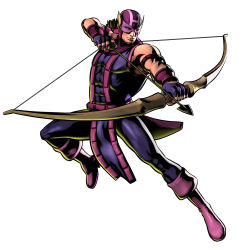 Rule 34 | 1boy, archer (fate), arrow (projectile), bow (weapon), capcom, clint barton, drawing bow, fate (series), hawkeye (marvel), highres, holding, holding bow (weapon), holding weapon, jumping, male focus, marksman, marvel, marvel vs. capcom, marvel vs. capcom 3, mask, mori toshiaki, muscular, official art, purple footwear, shoes, solo, weapon, white background