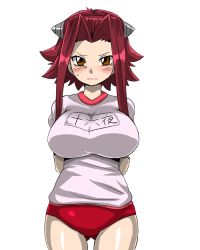 Rule 34 | 1girl, bare legs, breasts, buruma, curvy, female focus, gym uniform, izayoi aki, kitsune-tsuki (getter), large breasts, looking at viewer, red hair, shiny skin, simple background, solo, standing, tagme, text focus, translation request, white background, yu-gi-oh!, yu-gi-oh! 5d&#039;s