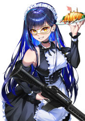 Rule 34 | 1girl, absurdres, algamja, apron, assault rifle, bare shoulders, black bow, black collar, black dress, blue hair, bow, breasts, collar, colored inner hair, corset, dark blue hair, detached sleeves, domino mask, dress, earpiece, food, frilled apron, frills, grin, gun, highres, holding, holding plate, holding weapon, lilpa, long hair, long sleeves, looking at viewer, maid, maid headdress, mask, medium breasts, multicolored hair, omelet, orange eyes, plate, puffy long sleeves, puffy sleeves, rifle, simple background, smile, solo, very long hair, virtual youtuber, waktaverse, weapon, weapon request, white apron, white background