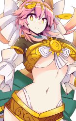 Rule 34 | 10s, 1girl, amaterasu (fate), animal ears, breasts, fate/extra, fate (series), fox ears, fox tail, groin, hair ornament, highleg, highleg panties, large breasts, light smile, midriff, navel, official alternate costume, panties, pink hair, satou rin (gobugabuge), solo, tail, tamamo (fate), tamamo no mae (fate/extra), underboob, underwear, yellow eyes