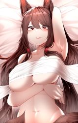 Rule 34 | 1girl, absurdres, akagi (azur lane), animal ear fluff, animal ears, armpits, arms behind head, azur lane, breasts, brown hair, brown tail, highres, kitsune, large breasts, large tail, long hair, lying, multiple tails, naked towel, navel, on back, red eyes, samip, stomach, tail, towel