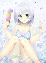 Rule 34 | 1girl, 7 calpis 7, bikini, blue bikini, blue eyes, blush, breasts, cleavage, collarbone, food, highres, ice cream, looking at viewer, medium breasts, original, parted lips, popsicle, silver hair, sitting, solo, swimsuit