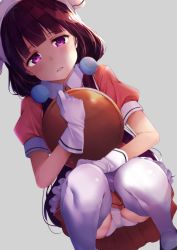 Rule 34 | 1girl, apron, ass, blend s, brown hair, commentary request, gloves, grey background, hair ornament, half-closed eyes, head scarf, highres, holding, holding tray, long hair, looking at viewer, looking down, low twintails, panties, pantyshot, parted lips, puffy short sleeves, puffy sleeves, purple eyes, rouka (akatyann), sakuranomiya maika, shirt, shoes, short sleeves, simple background, skirt, solo, squatting, thighhighs, tray, twintails, underwear, waitress, white apron, white gloves, white panties, white thighhighs, wing collar