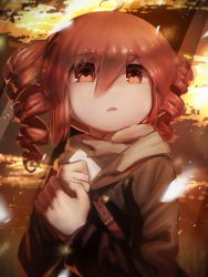 Rule 34 | 1girl, belt, brown jacket, brown scarf, commentary, drill hair, hands up, holding, holding own arm, holding paper, jacket, kasane teto, looking up, monosenbei, open mouth, paper, red eyes, red hair, scarf, short hair, solo, twin drills, upper body, utau