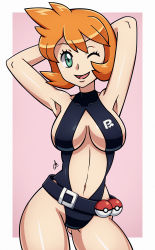 Rule 34 | 1girl, ;d, armpits, arms behind head, arms up, breasts, creatures (company), female focus, game freak, green eyes, gym leader, highres, large breasts, misty (pokemon), navel, nintendo, one-piece swimsuit, one eye closed, open mouth, orange hair, pokemon, pokemon: the electric tale of pikachu, pokemon hgss, scott bennett, shiny skin, simple background, smile, solo, swimsuit, wink