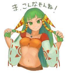 Rule 34 | 1girl, absurdres, akumesik, feena (grandia), grandia, grandia i, green eyes, green hair, hair ornament, hair tubes, highres, jewelry, long hair, looking at viewer, midriff, navel, necklace, simple background, smile, solo, white background, wide sleeves