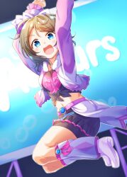 Rule 34 | 1girl, bike shorts, blue eyes, boots, bow, hair ornament, highres, looking at viewer, love live!, love live! sunshine!!, midriff, miracle wave, naribee (nton1263), navel, skirt, smile, solo, thighs, watanabe you