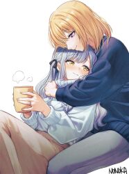 2girls bang_dream! bang_dream!_it&#039;s_mygo!!!!! black_ribbon black_sweater blonde_hair blue_hair brown_skirt closed_mouth coffee_mug commentary cup english_commentary grey_pants hair_ribbon highres holding holding_cup hug hug_from_behind jewelry long_hair long_sleeves medium_hair misumi_uika mug multiple_girls nonoka917 pants purple_eyes ribbon ring simple_background skirt smile sweater togawa_sakiko wedding_ring white_background white_sweater wife_and_wife yellow_eyes yuri