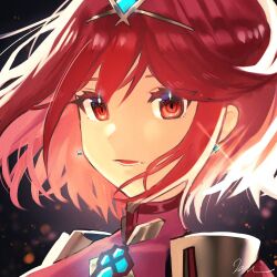 Rule 34 | 1girl, chest jewel, close-up, commentary, dangle earrings, earrings, eyelashes, floating hair, highres, impossible clothes, jewelry, kyosuke1413koba, looking at viewer, open mouth, pyra (xenoblade), red eyes, red hair, short hair, signature, solo, sparkle, swept bangs, tiara, xenoblade chronicles (series), xenoblade chronicles 2