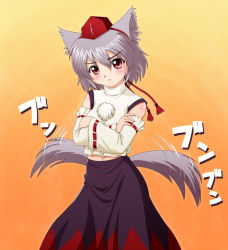 Rule 34 | 1girl, animal ears, bad id, bad pixiv id, blush, breasts, crossed arms, detached sleeves, gradient background, hat, inubashiri momiji, looking at viewer, midriff, navel, orange background, pom pom (clothes), red eyes, short hair, silver hair, simple background, solo, tail, tail wagging, tokin hat, touhou, wolf ears, wolf tail