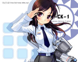 Rule 34 | 1girl, aircraft, airplane, brown eyes, brown hair, f-ck-1, female focus, girl arms, gun, jet, long hair, mecha musume, military, necktie, personification, salute, skirt, solo, thighhighs, upper body, wallpaper, weapon, white background, zeco