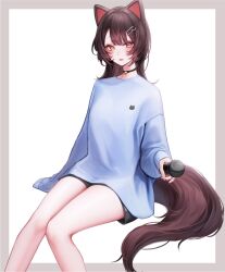 Rule 34 | 1girl, absurdres, animal ears, bell, black choker, black shorts, blue shirt, brown hair, brown tail, choker, dog ears, dog girl, dog tail, fangs, hair ornament, hairclip, heterochromia, highres, holding, holding microphone, inui toko, long hair, long sleeves, looking at viewer, microphone, neck bell, nijisanji, oni0417, open mouth, oversized clothes, oversized shirt, red eyes, shirt, short shorts, shorts, simple background, sitting, sleeves past fingers, sleeves past wrists, solo, tail, thighs, virtual youtuber, white background, yellow eyes