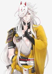 Rule 34 | 10s, 1boy, finger to mouth, fox mask, japanese clothes, kogitsunemaru, long hair, low-tied long hair, male focus, mask, nair (mindcreator), red eyes, simple background, smile, solo, touken ranbu, white hair