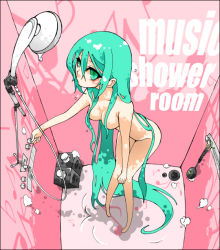 Rule 34 | 1girl, absurdly long hair, aqua eyes, aqua hair, censored, convenient censoring, dripping, hair censor, hair over breasts, hatsune miku, kiyoi, long hair, nude, shower (place), showering, soap, solo, standing, very long hair, vocaloid, wet, wet hair