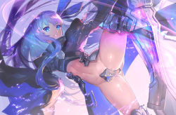 Rule 34 | 10s, 1girl, armor, armored boots, black coat, black thighhighs, blue eyes, boots, coat, crotch plate, fate/extra, fate/extra ccc, fate (series), floating hair, juliet sleeves, kicking, leg up, light smile, long hair, long sleeves, looking at viewer, meltryllis (fate), navel, parted lips, puffy sleeves, purple hair, revealing clothes, solo, thighhighs, thighs, very long hair, yoshimoto (dear life)