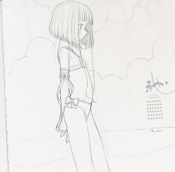 Rule 34 | 1girl, arm garter, arms behind back, bikini, bow, bow bikini, feet out of frame, flat chest, from side, graphite (medium), greyscale, highres, kaede (shijie heping), monochrome, original, own hands together, photo (medium), profile, short hair, sketch, solo, swimsuit, traditional media