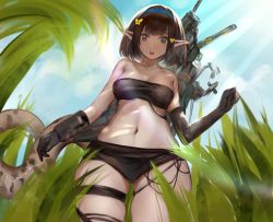 Rule 34 | 1girl, :o, arknights, asymmetrical gloves, bandeau, bare shoulders, black gloves, black hair, black panties, blue eyes, blue hairband, blue sky, breasts, commentary, cowboy shot, day, eunectes (arknights), gloves, grass, hairband, looking at viewer, midriff, navel, open mouth, outdoors, panties, pointy ears, short hair, sky, small breasts, solo, standing, stomach, strapless, thigh strap, thighs, tube top, ufoliving, underwear, uneven gloves