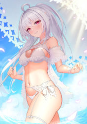 Rule 34 | 1girl, abeen jhong, absurdres, ahoge, bare shoulders, bikini, blue sky, breasts, cleavage, fate/grand order, fate (series), frilled bikini, frills, grin, highres, lady avalon (fate), lady avalon (second ascension) (fate), long hair, looking at viewer, medium breasts, merlin (fate/prototype), navel, ocean, parasol, purple eyes, sky, smile, solo, swimsuit, thighs, umbrella, very long hair, wading, white bikini, white hair
