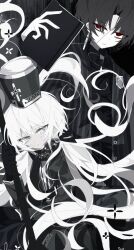 Rule 34 | 1boy, 1girl, black bow, black gloves, black headwear, black jacket, black shirt, bow, charon (project moon), closed mouth, gloves, grey hair, hair bow, hand up, hat, highres, jacket, lemonail, limbus company, long hair, long sleeves, low twintails, parted lips, project moon, red eyes, shako cap, shirt, twintails, vergilius (project moon), very long hair, white hair